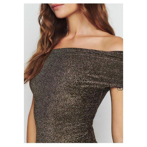 New Reformation Jamen Knit Dress Gold Off The Shoulder Two Way Sleeve Sz M - Picture 4 of 13